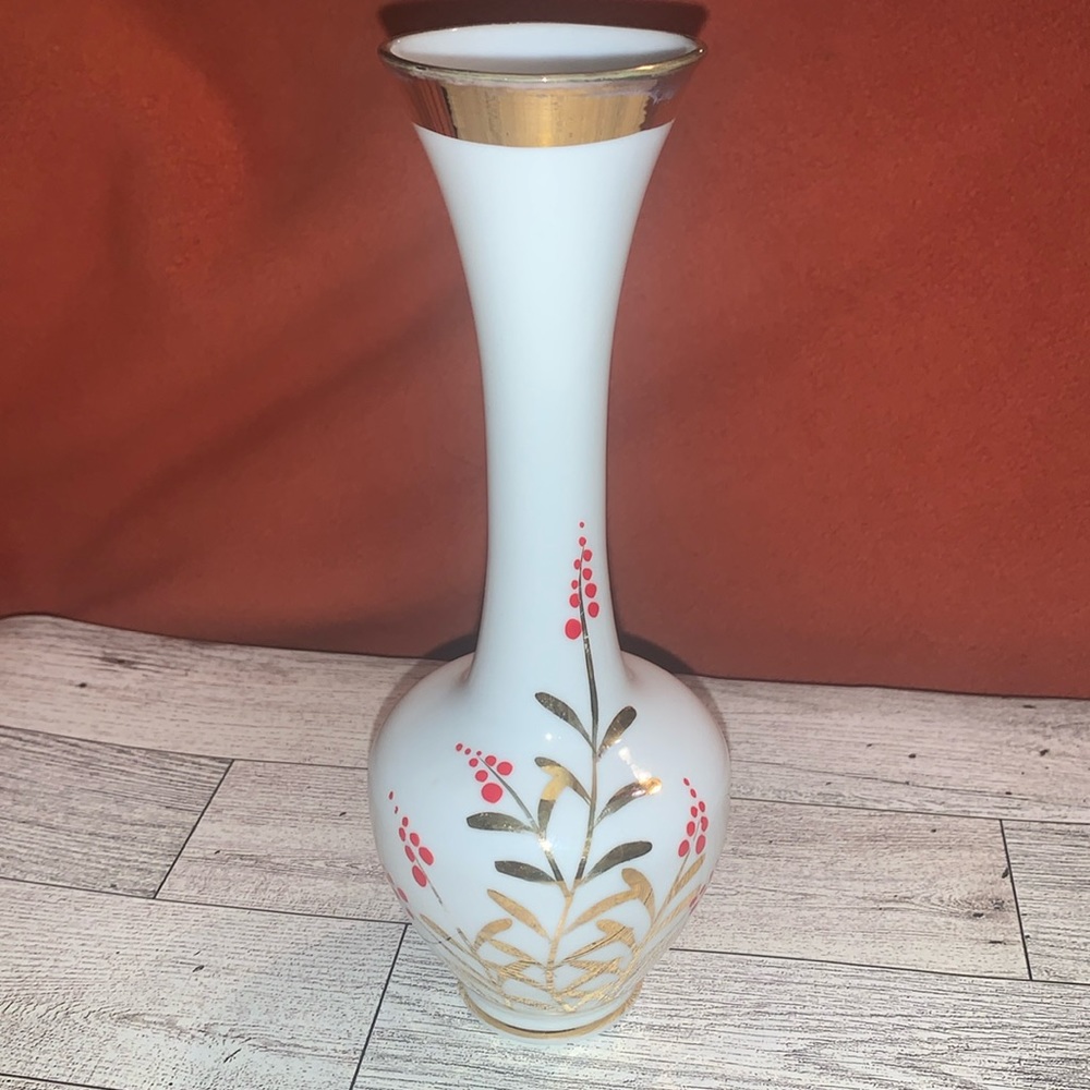 Vintage Milk Glass Vase w/ shiny gold and red flowers 8 in